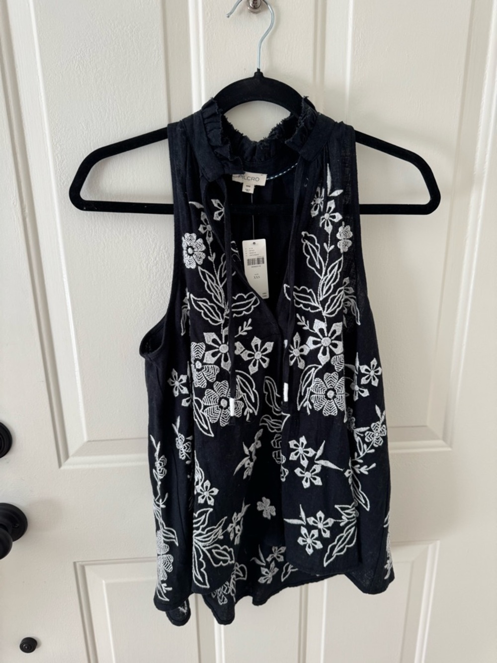 Pilcro Black Tank with White Floral Embroidery